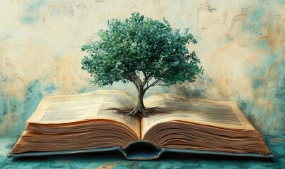 An illustrated tree emerges from an open book, representing eco-education and the importance of nature in learning and growth.