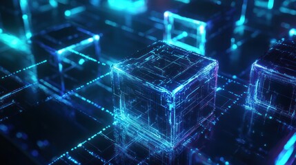 A computer screen with a blue background and a grid of cubes