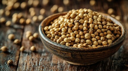 Dried coriander seeds in a small bowl, resting on a wooden table. Close-up shot with rich textures and earthy tones.