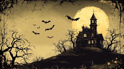 Wall Mural - A Halloween themed image of a house with bats flying around it