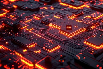 Fototapete - Stock technology image of a processor or graphic card, storing memory, hardware close-up, neon led lights.