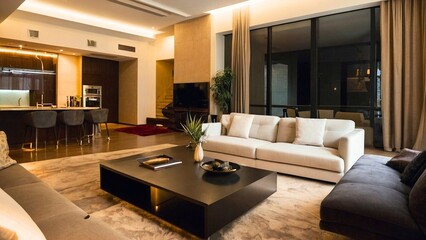 Modern luxury living room interior design. House or home hotel apartment with sofa and table, contemporary furniture and lamp light decoration, indoor architecture, empty, comfortable, nobody