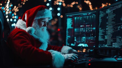Aufkleber - Close-up of Santa Claus typing on keyboard on working computer screen. Futuristic background with stock. Banner. Stock content.