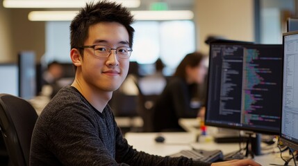 Fototapete - In the office, a software developer codes scripts or deals with cyber security.