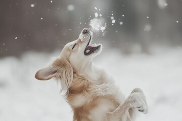 Canvas Print - Happy golden retriever joyfully playing in the snow on a winter day, capturing the essence of fun and excitement outdoors