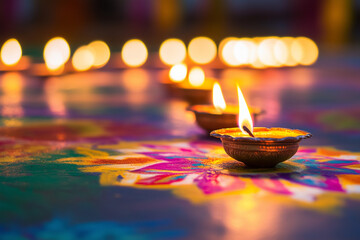 Wall Mural - Happy Diwali - Clay Diya lamps lit during Deepavali festival of lights celebration. Colorful traditional oil lamp diya.