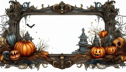 Antique halloween picture frame with holiday elements isolated on white background. Decorative spooky, mystery, horror scrapbooking objects design. cutout.