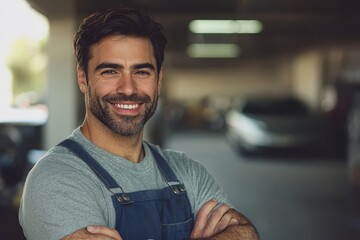 Wall Mural - Mechanic crossed arms in modern auto repair shop.