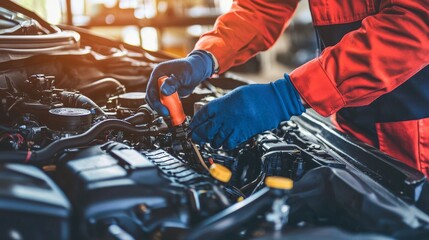 Canvas Print - The work of car mechanics includes repairing a car in an auto repair shop, maintaining a car battery, and checking the electrical system in the vehicle.