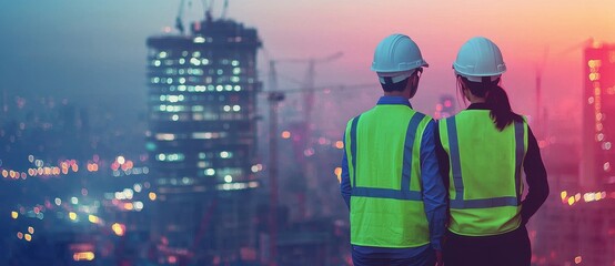 Aufkleber - A construction engineer concept with a back view of a professional engineer manager concentrating on a multi-exposure with the building and construction industries in the background