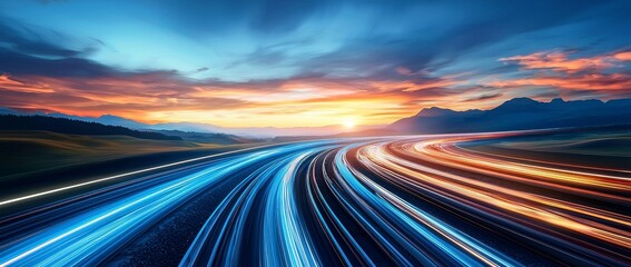 Fototapete - Transparent background with laser beams luminous abstract sparkling. Digital image of a light train moving fast on dark road. Stock generative image.