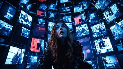 Fototapete - Young human brains are bombarded by all kinds of information, too much media, too much information, maximalism, news, and social media addiction.
