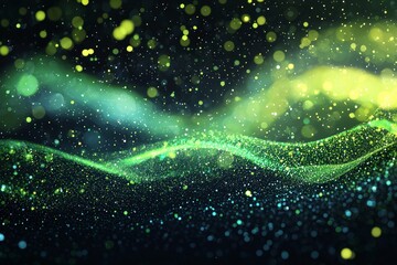 Poster - In this 3D rendering of the 3D wave dynamic background, there are dots green in futuristic flow technology abstract datum innovation sound illustration business digital music dot texture grid