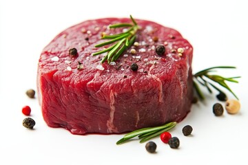 A raw beef fillet garnished with herbs and spices, ready for cooking.