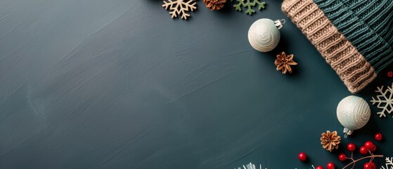 Wall Mural - Festive Holiday Arrangement With Gift, Pine Branches, and Ornaments on Dark Surface