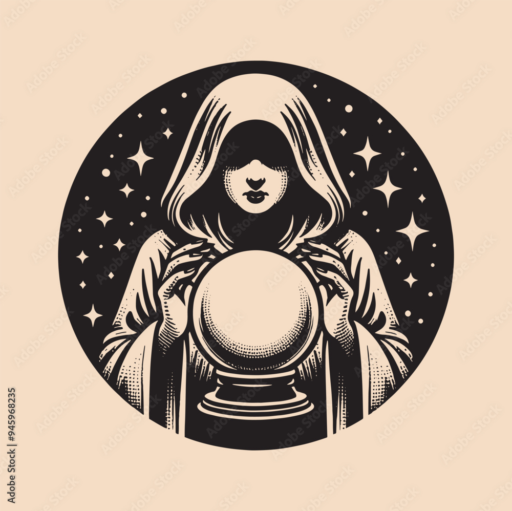 Vintage engraving hand drawn magic crystal ball in hands of fortune ...