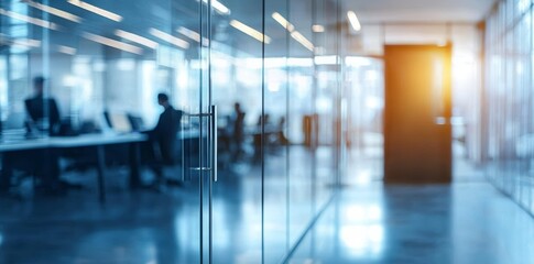 Leinwandbilder - Behind the glass wall of a blurred office are people working