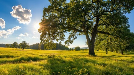 Canvas Print - Sunny Meadow with a Tree in the Foreground