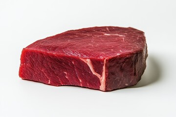 A raw piece of red meat displayed on a white background.