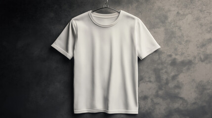 Blank white t shirt hanging on hanger against grunge background