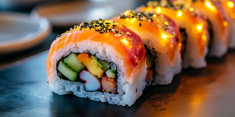 Wall Mural - A sushi roll with a variety of ingredients including avocado, cucumber