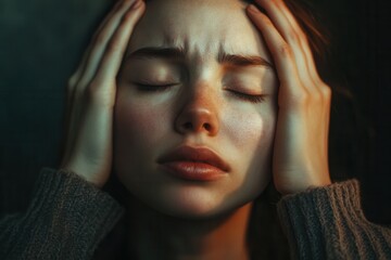 Aufkleber - In a dimly lit environment, a person with closed eyes holds their head as they experience a moment of profound stress and anxiety. Generative AI