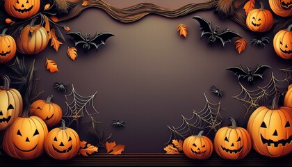 Halloween party border background with pumpkins bats and spiders