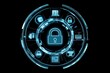© neiros - An icon with security symbols, a globe, and icons representing technology and gaming with a blue color theme on a black background.