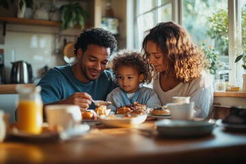 A loving family of mixed-race parents and their adopted child enjoy breakfast together at a cozy kitchen table filled with warmth and morning light.