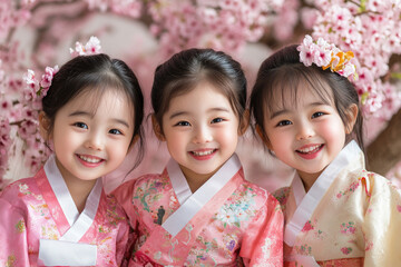 Wall Mural - Three cute Korean children wearing Hanboks smile and pose for the camera under cherry blossoms