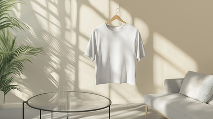 White t shirt hanging on wooden hanger in minimalist interior design