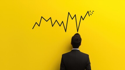 Wall Mural - A businessman standing in front of a volatile line graph, scratching his head in confusion, symbolizing uncertainty in financial markets