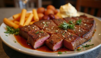 Wall Mural - Deliciously grilled steak with a side of crispy fries and creamy mashed potatoes