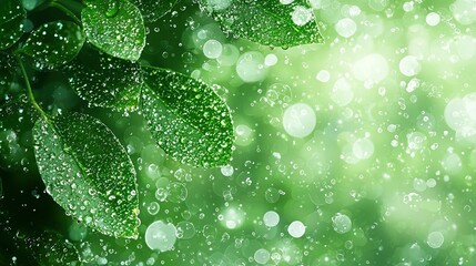 Canvas Print -   A zoomed-in image of a green foliage leaf with droplets of water on it, set against a hazy backdrop of surrounding leaves