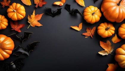 Happy halloween flat lay mockup with pumpkins, leaves and bats on black background. Autumn holiday concept composition. Top view with copy space. Generated ai.