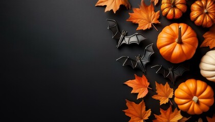 Wall Mural - Happy halloween flat lay mockup with pumpkins, leaves and bats on black background. Autumn holiday concept composition. Top view with copy space. Generated ai.