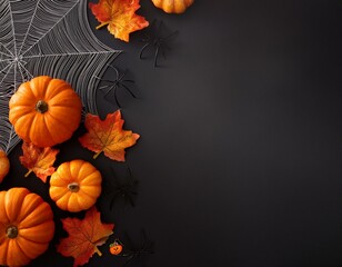 Happy halloween flat lay mockup with pumpkins, leaves and spider web on black background. Autumn holiday concept composition. Top view with copy space. Generated ai.