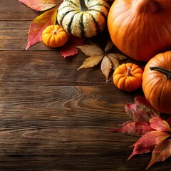 Wall Mural - pumpkins and autumn leaves on dark wooden background