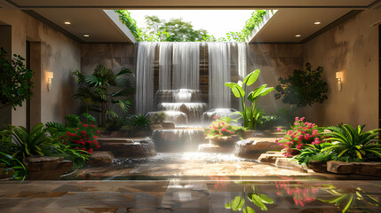 Luxurious waterfall garden inside the house,16K,photostock style