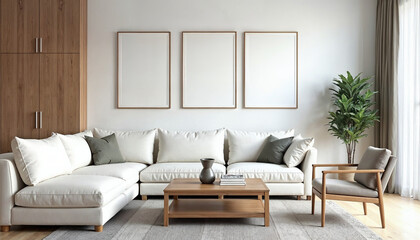 Wall Mural - Square coffee table near white sofa and rustic cabinets against white wall with blank poster frames with copy space. Japanese home interior design of modern living room