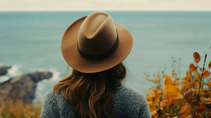 Canvas Print -  girl in hat turn back and looking at the sea