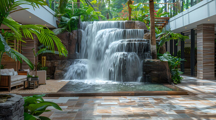 Luxurious waterfall garden inside the house,16K,photostock style