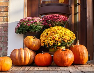 Wall Mural - Thanksgiving decorated door with various size and shape pumpkins and chrysanthemum. Decoration for the Halloween, autumn seasonal still life. Selective focus.