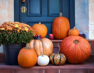 Wall Mural - Thanksgiving decorated door with various size and shape pumpkins and chrysanthemum. Decoration for the Halloween, autumn seasonal still life. Selective focus.