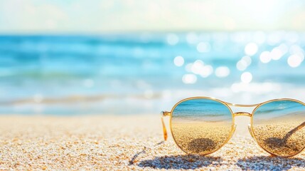 The reflection of sunglasses on a table, with blurred people and beach chairs in the background, on a sunny day.