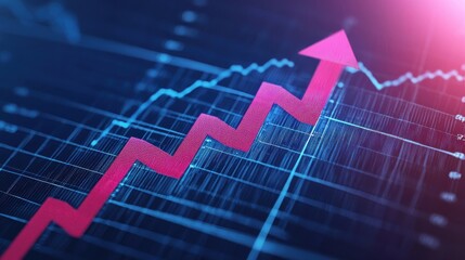 Wall Mural - An upward trending financial chart with various line graphs, data points, and a prominent upward arrow indicating market growth