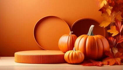 Wall Mural - Thanksgiving orange podium pedestal for product display. Pumpkins autumn style.