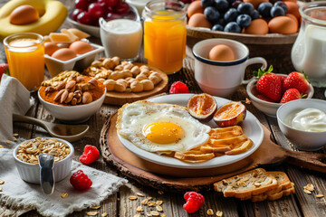 Healthy breakfast spread with fresh fruits, oats, yogurt, and nuts for a nutritious morning meal