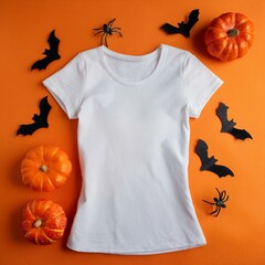 Wall Mural - White womens cotton t-shirt halloween mockup with pumpkins, spiders and bats on orange background. Design t shirt template, print presentation mock up. Top view flat lay.