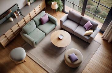 Wall Mural - Stylish living room in light colours. View from above.